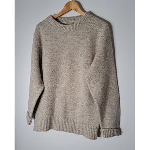 LL Bean women large chunky wool sweater crewneck oatmeal tan made in Maine USA